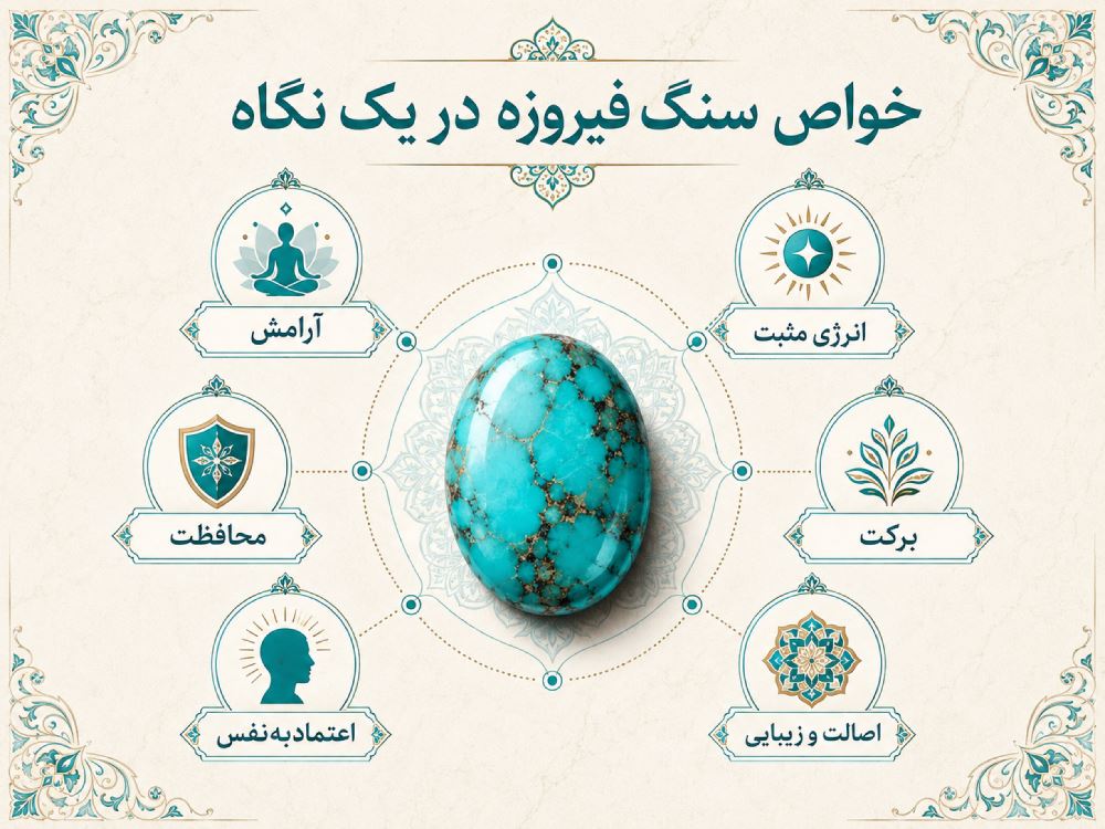 اینفوگرافیک خواص سنگ فیروزه شامل آرامش انرژی مثبت برکت و محافظت