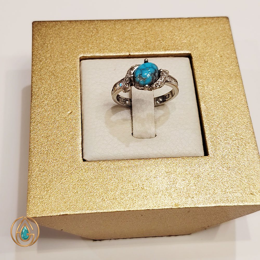 208-3-ring انگشتر زنانه فیروزه نیشابور مدل پیچشی نگیندار کد 208 با سنگ آبی طبیعی