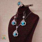 ست نقره زنانه فیروزه آبی با طراحی منحنی و قاب باز کد 225